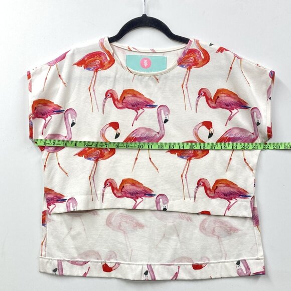 Sonny Tann Boxy Pink Flamingo Top, Cropped in Front, Capped Sleeves, Size Medium - Picture 7 of 8